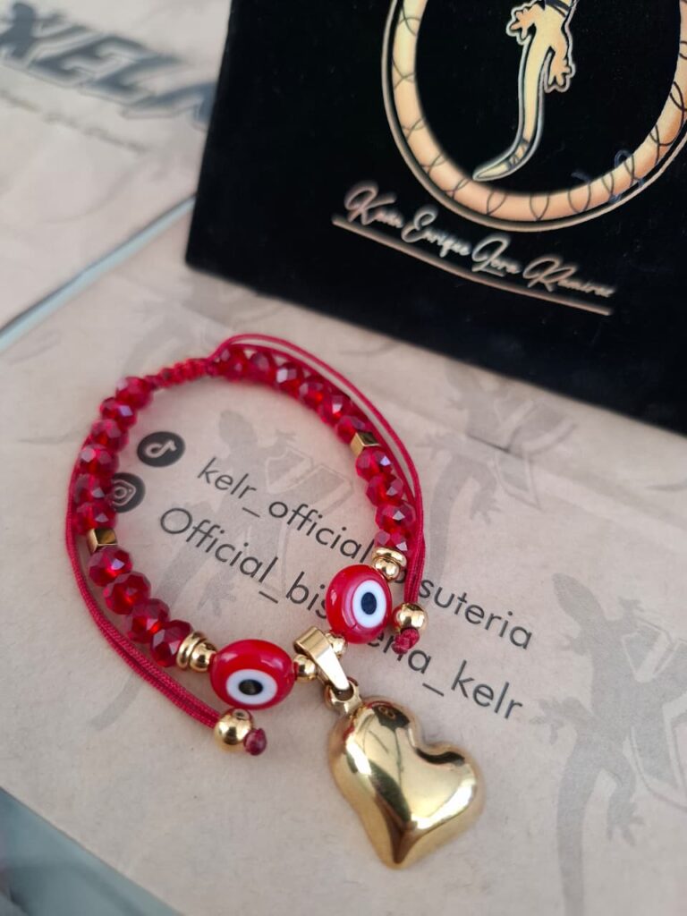 Pulsera Cristales Rojos Ojo Turco y Corazon Dorado – Pul08