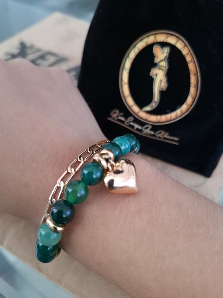 Pulsera agata verde con cadena y dije corazon dorado – Pul11
