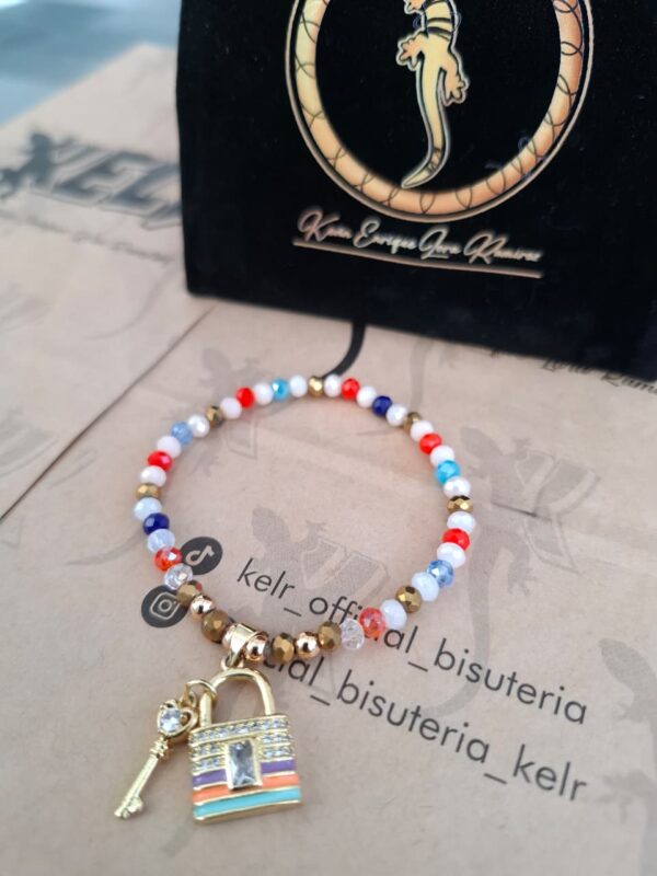 Pulsera cristales multicolor candado y llave - Pul12
