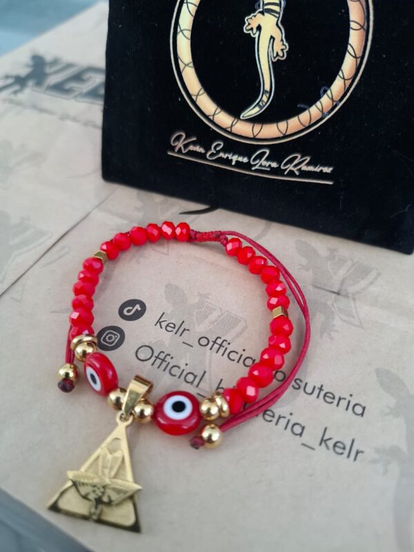 Pulsera cristales rojos ojo turco y piramide dorada - Pul17