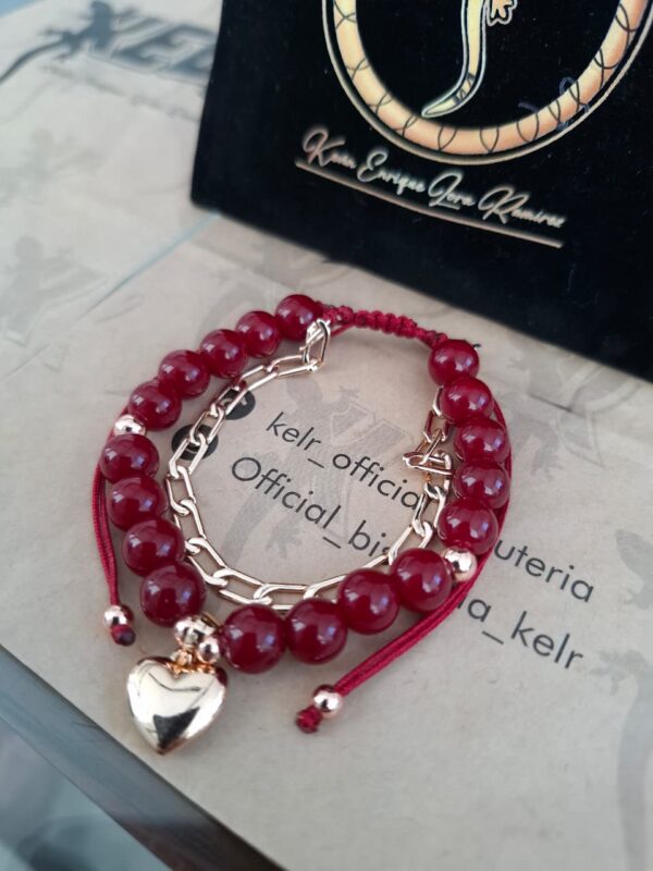 Pulsera doble agata roja con cadena y corazon dorado - Pul19