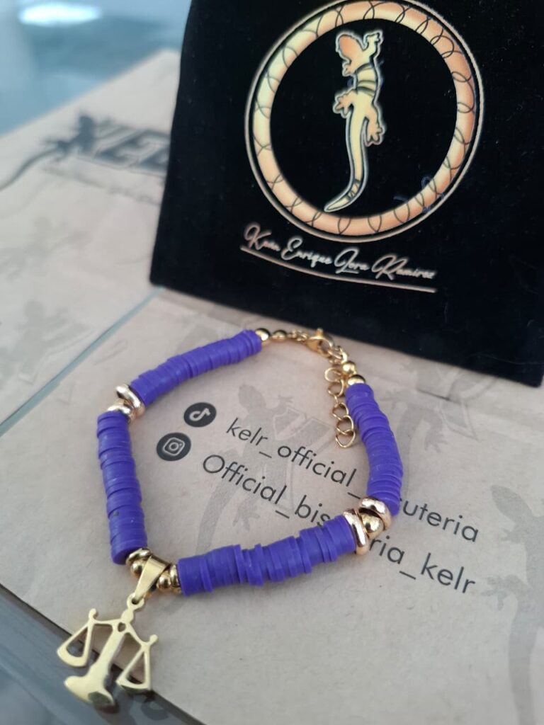 Pulsera Heishi Azul Violeta Signo Libra Dorado – Pul27