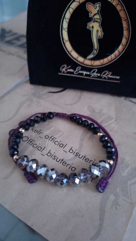 Pulsera Doble Cristales Negros y Plateados Macramé Morado – Pul35