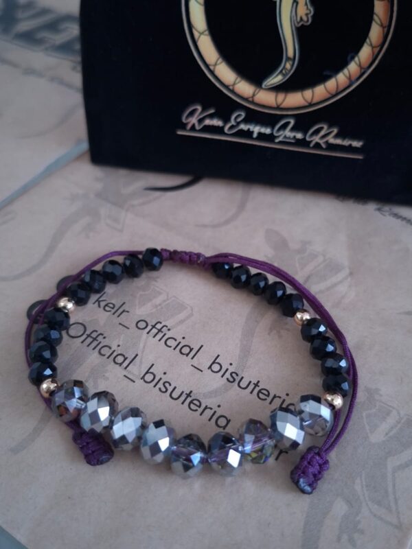 Pulsera Doble Cristales Negros y Plateados Macramé Morado – Pul35
