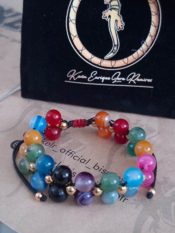 Pulsera Doble Ágatas Multicolor Macramé con Esferas Doradas – Pul51